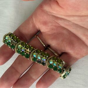 Vintage Lisner Green Rhinestone Bracelet Aurora Borealis Gold Tone Mid Century